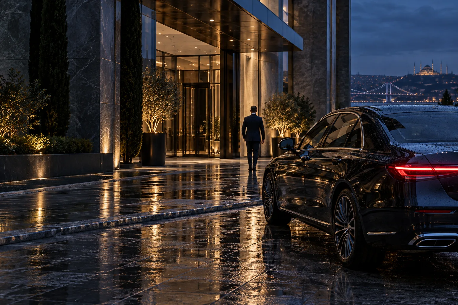 Illustrative executive transport outside a corporate entrance
